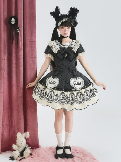 Gray Dot Sweet Lace-Trimmed Pattern Rabbit Dress Appliques with Polka Lolita Sweetheart