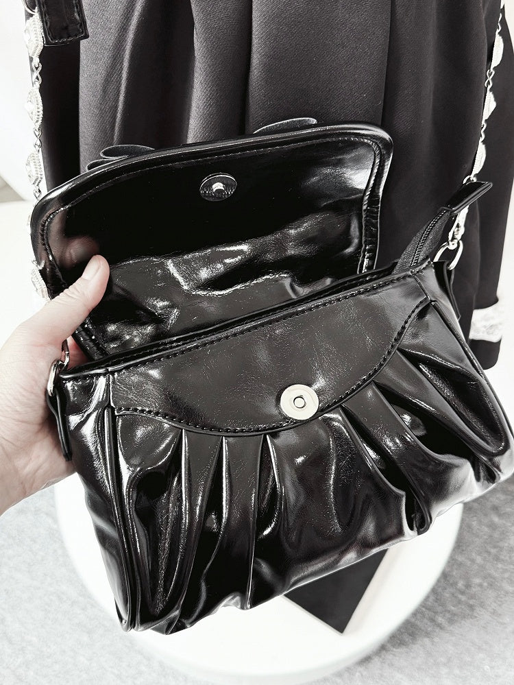 Bag Black with Bow Rhinestone - Jirai Crossbody Kei Interchangeable Crown Strap Heart