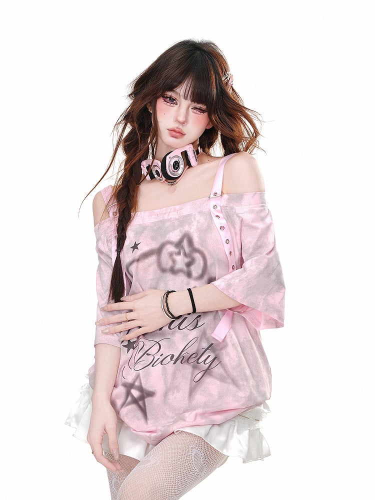 Pink Off-the-shoulder Neckline Kitty Bittersweet Loose T-Shirt