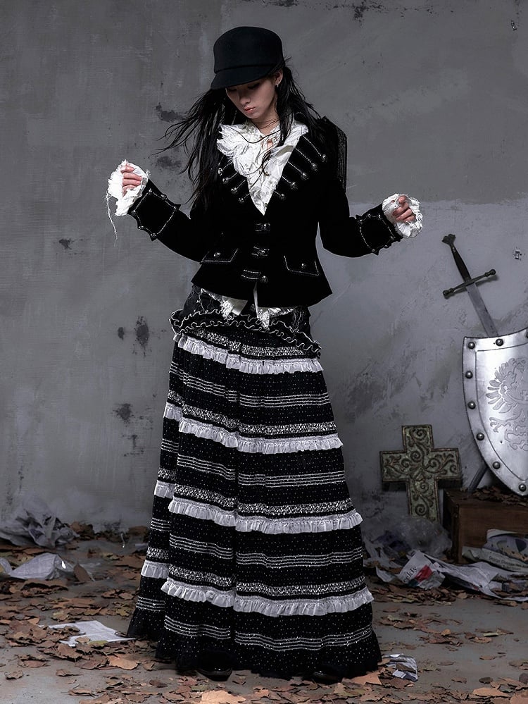 Polka Tulle Gothic Waistband with Hem Striped Studded A-Line + Length Skirt Dots Floor Black