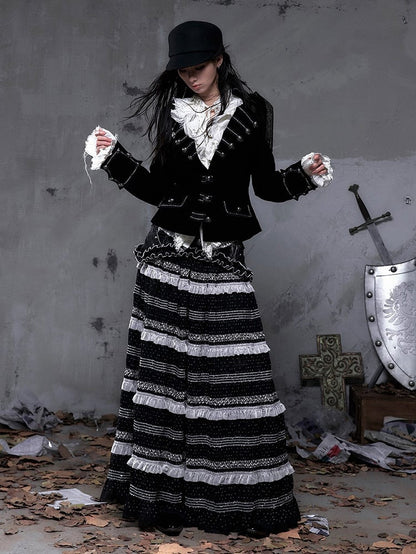 Polka Tulle Gothic Waistband with Hem Striped Studded A-Line + Length Skirt Dots Floor Black