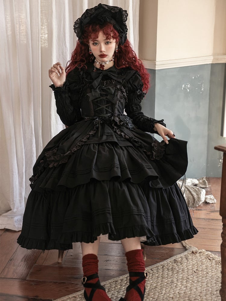 Heart-shaped Lolita Version Bowknots Black Dress and with Long JSK Ruffled Gothic Decoration