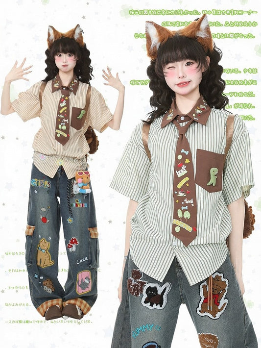 Green Striped Puppy Embroidered Tie Shirt - Languid Park
