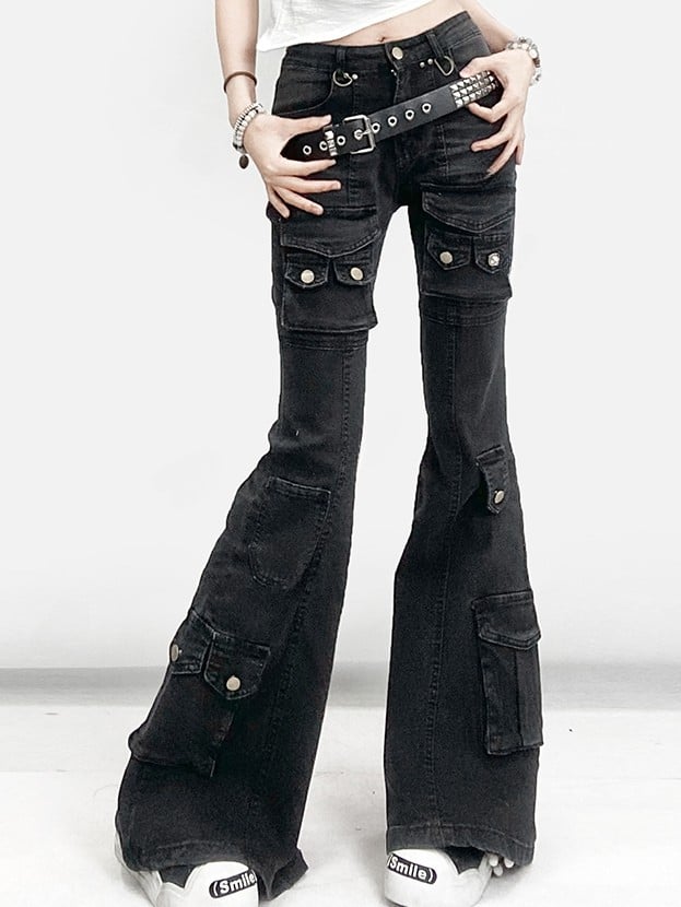 Silhouette Jeans With Multiple Pocket Accents Waist Flare Kawaii Black Glamorous Bittersweet Low