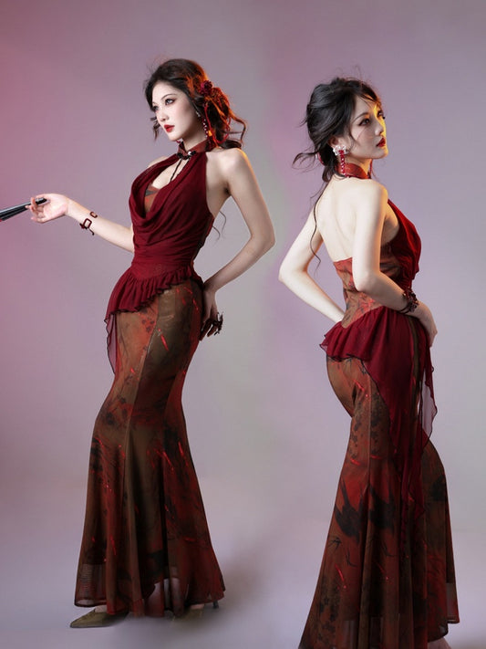 Vintage Wine Red Long Mermaid Halter Neck Backless Dress - sijinstudio