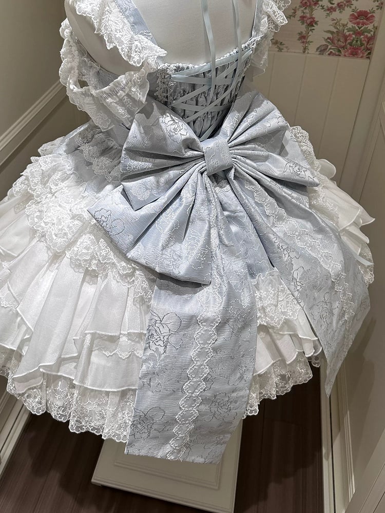 Blue Ballet Style Lace Ruffle Lolita JSK Dress with Bead Chain Bow and Back Bow Set - White Sugar Girl