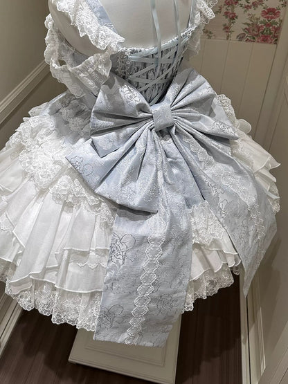Blue Ballet Style Lace Ruffle Lolita JSK Dress with Bead Chain Bow and Back Bow Set - White Sugar Girl