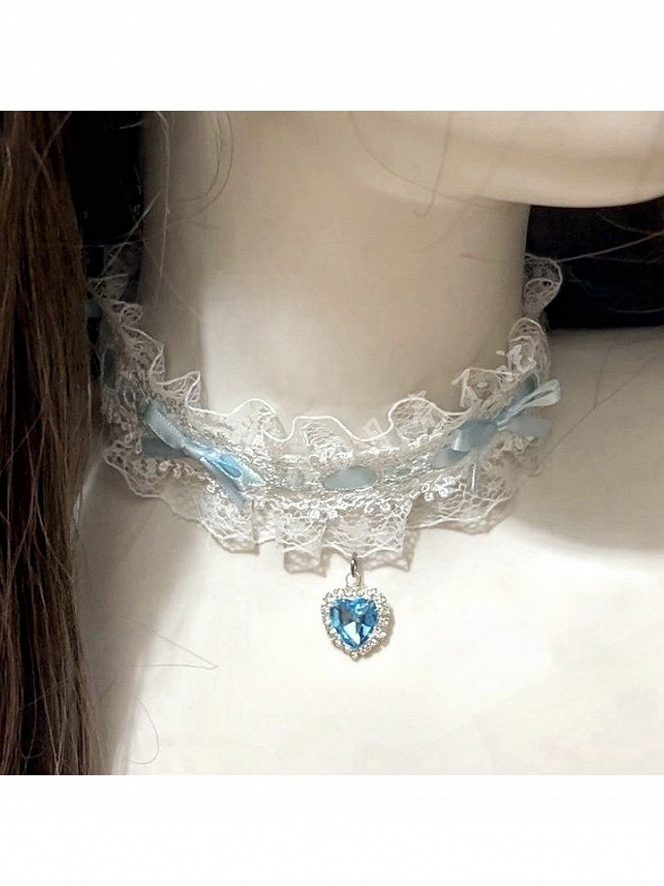 Lace Choker with Bow and Heart Rhinestone - Post-2000 Gift Shop