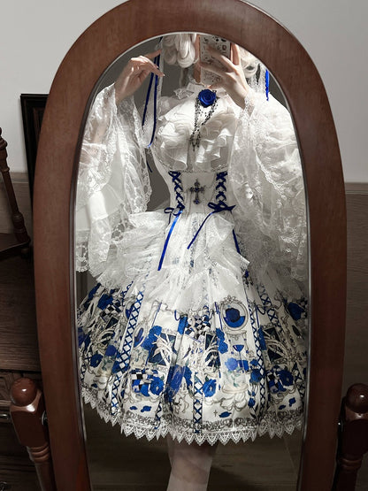 JSK Underbust Tête de Mort Bleue & Blanche avec Toile d'Araignée - Douce Chanson d'Amour