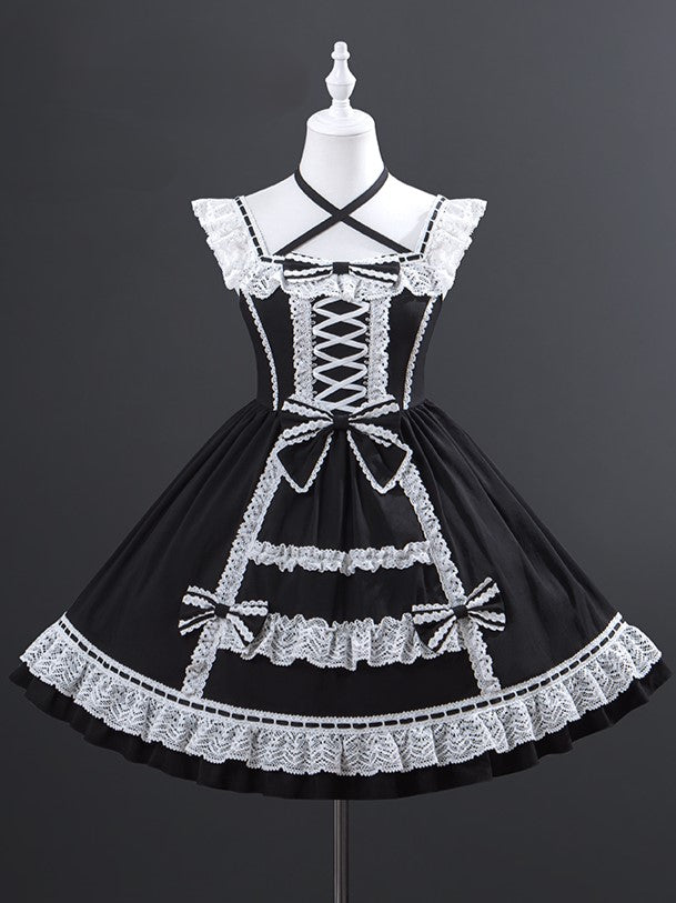 Doll-like Black Old School Lolita JSK with Front Criss-Cross Detailing & White Lace