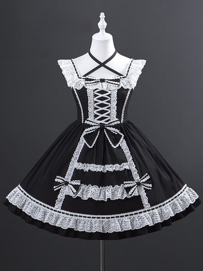 Doll-like Black Old School Lolita JSK with Front Criss-Cross Detailing & White Lace