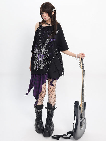Sweet Black Guitar Print Asymmetrical Shoulder Tee with Slit