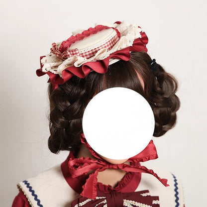 Hat Lolita with White Plaid Detail Mini Red Bow Ruffled