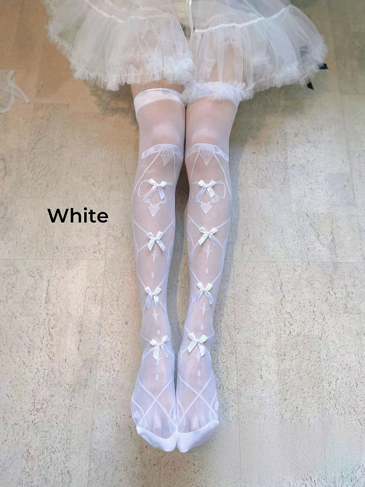 Bowknot Details Crisscorss Banded Print Lolita Over Knee Stockings
