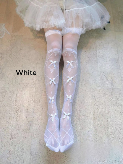 Bowknot Details Crisscorss Banded Print Lolita Over Knee Stockings