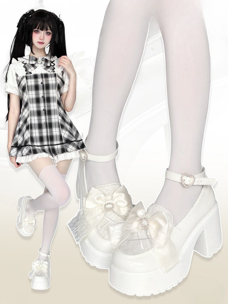 Herz-Plattform Perlen Jirai mit - Vamp Bow Kei White Heels Hohe Schnalle Block Matching