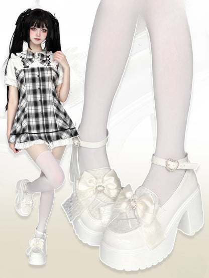 Herz-Plattform Perlen Jirai mit - Vamp Bow Kei White Heels Hohe Schnalle Block Matching