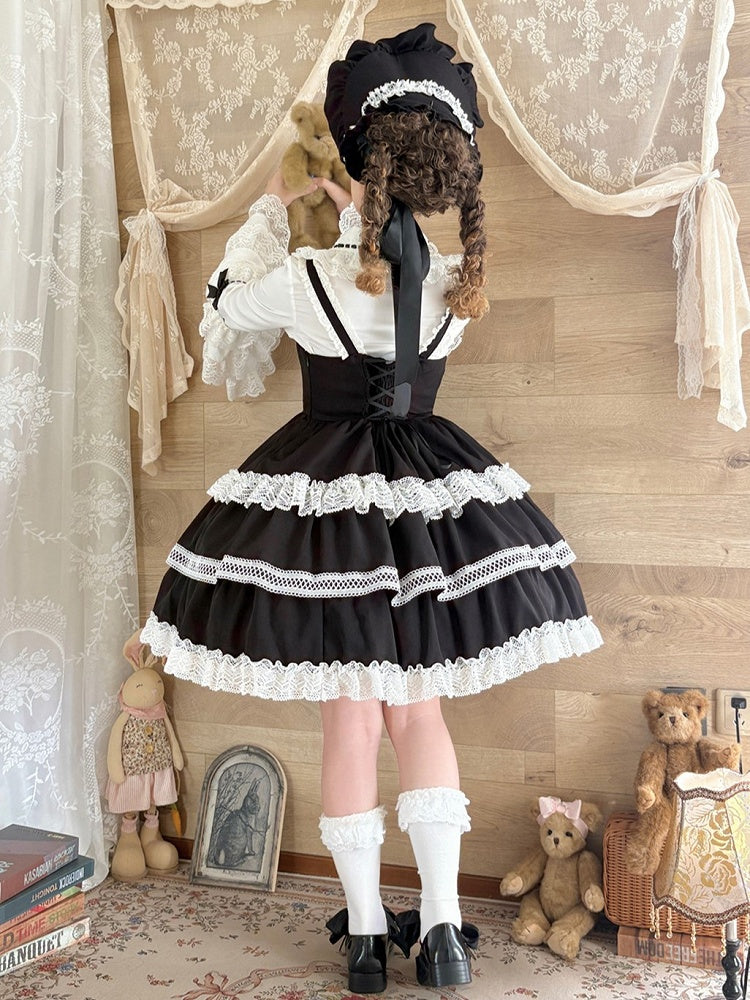 Black Tiered Old School Lolita JSK with Intricate Lace & Criss-Cross Bodice