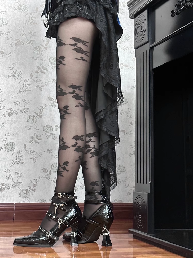 in Schnalle Leder Faux Poliert 8,5 cm Gothic Heel Hohe Krokodil Mehrere Heels Riemen mit Schwarz