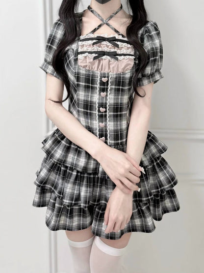 Jirai-Kei Black & White Plaid Square Neck Halter Dress with 3-Tier Ruffle Skirt - nekura