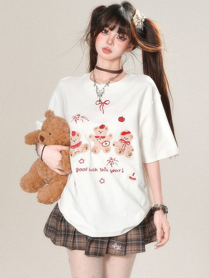 ホワイト/ブラックのかわいいデイリーアップリケベア刺繍Tシャツレター花火