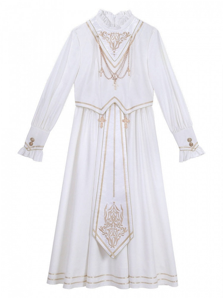 Gold White Stand Collar Long Sleeve Lolita Dress Cross Chain - Xiong Dou Jiang