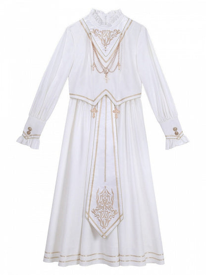 Gold White Stand Collar Long Sleeve Lolita Dress Cross Chain - Xiong Dou Jiang