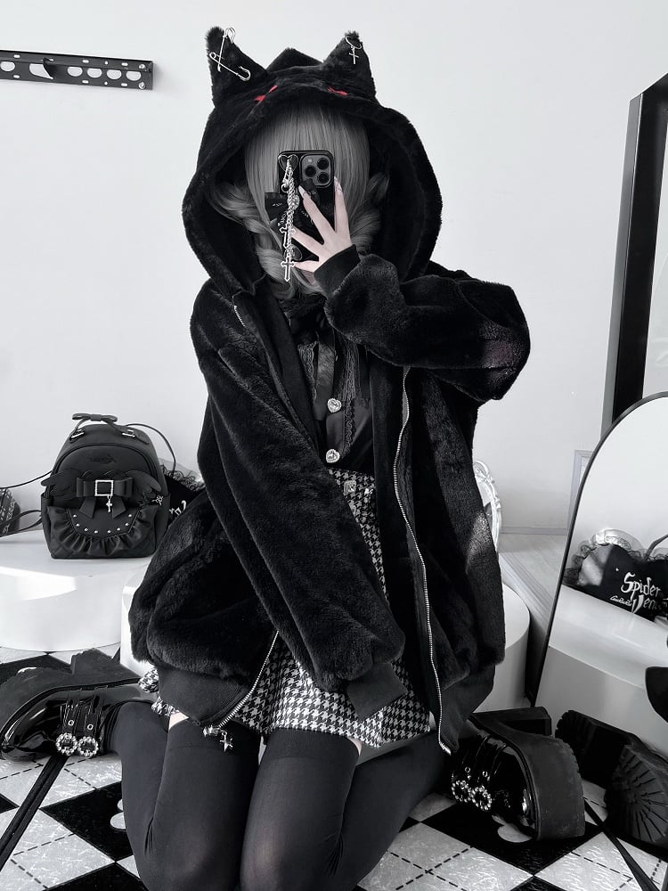 Coat Ear Kei Thickened Fleece Black Hooded Safety Jirai Kitty Version Pin Decor