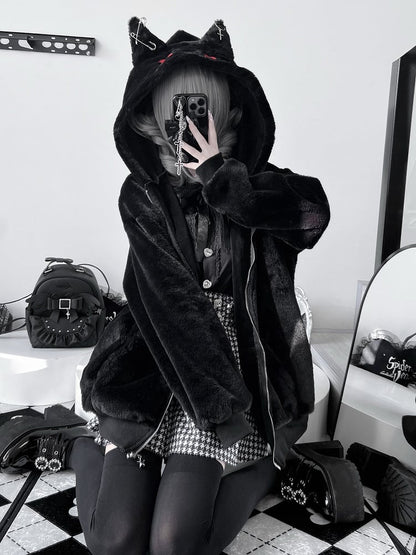 Coat Ear Kei Thickened Fleece Black Hooded Safety Jirai Kitty Version Pin Decor