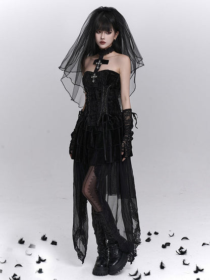 Halloween-Tüllbesatz mit Overlay Gothic-Stufenrock mit abnehmbarer Spitze in Schwarz