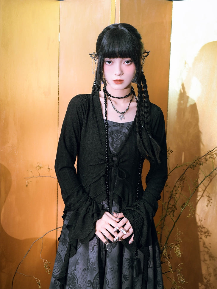 Ärmel Saum Stil Asymmetrische Schwarz Layered Cardigan Gestrickte Cheongsam Glocke