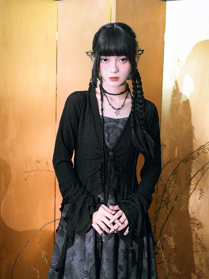 Ärmel Saum Stil Asymmetrische Schwarz Layered Cardigan Gestrickte Cheongsam Glocke