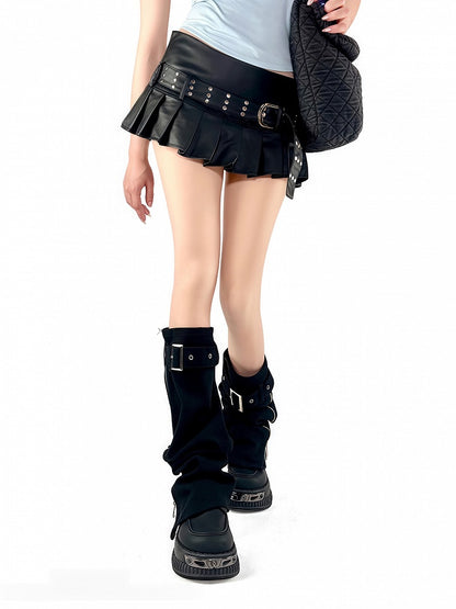 Punk Buckle Black with Zipper-Design Leg Warmers Straps
