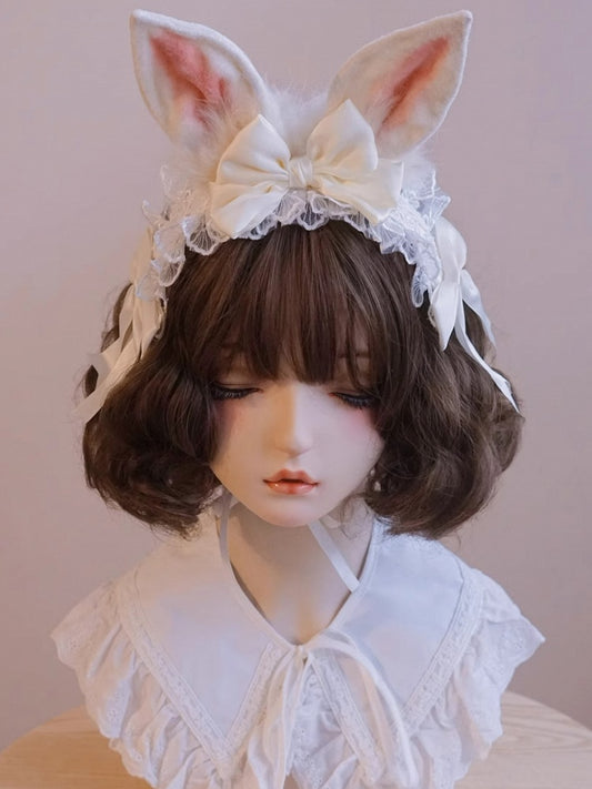 耳のディテールトリムレースホワイトバニーボウノットKC
