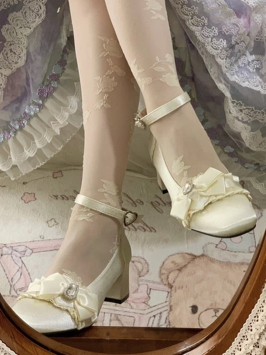 Bow Trim Mary Satin Ruffle Elegant Janes with Toe Off-white Mid Heel Crystal Square - Lolita