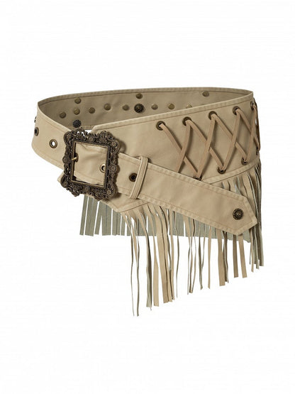 Fringes Lacing with Punk Waist Belt Vintage Crisscross Studded PU Khaki