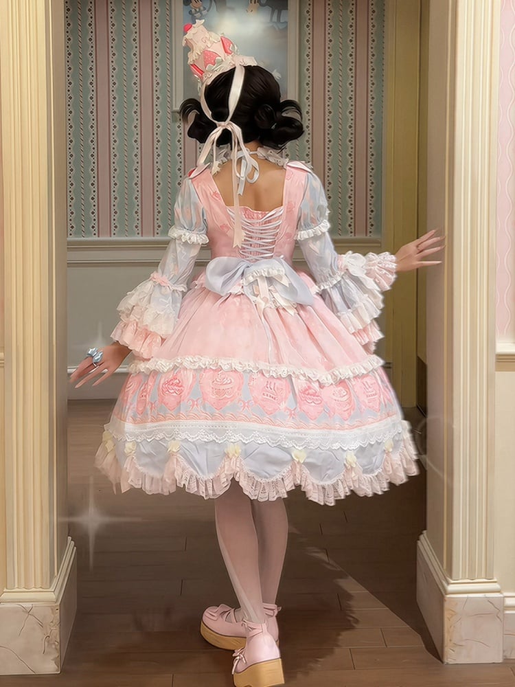 Blue & Pink Strawberry Cake Print Bell Sleeve Lolita Dress - Ball Lolita