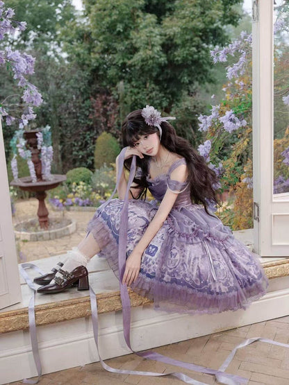 Skirt Elegant Purple and Classic Butterfly Top Waist Corset + Floral Boned Set Lolita Print