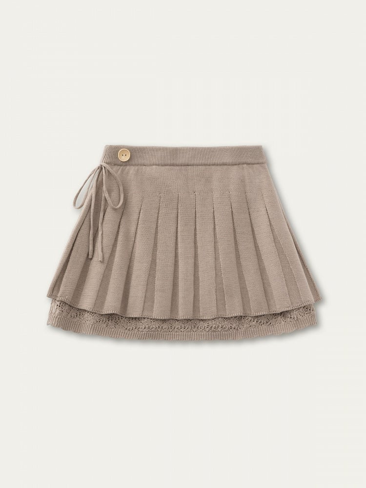 Pleated Detail Kint Bowknot with Khaki Skirt