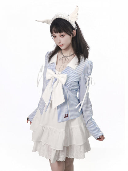 Sky Blue Embroidered Stripe Blouse with Lace Collar and Music Motif - PINK SAVIOR