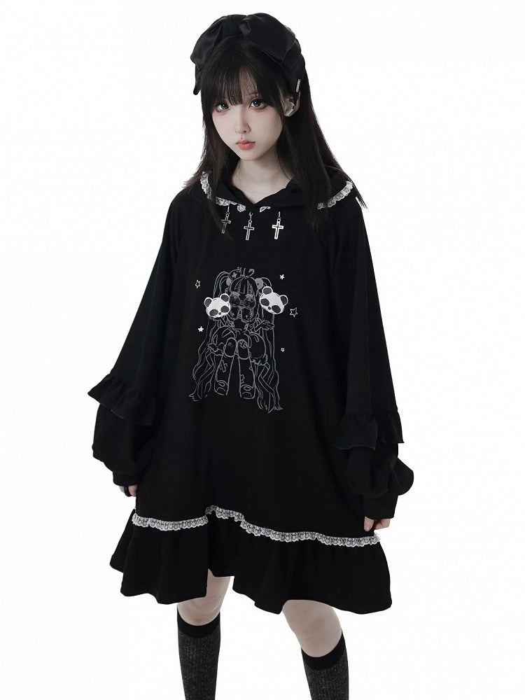 Cross Black Sweet-Grunge and Decoration Doll Metal with Dark Hoodie Dress Aesthetic Lace