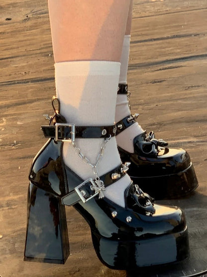Gothic Polished Black High-heel Mary Janes with Snap Design,  Detachable Cross Charm Chain & Studded Accents