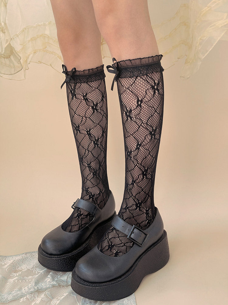 Decoration Yellow/Black Lace 3D Bow and Ruffled Trim White/Light Calf Socks with