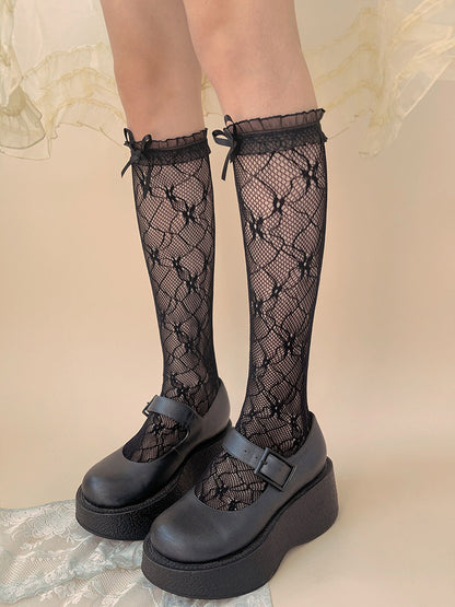 Decoration Yellow/Black Lace 3D Bow and Ruffled Trim White/Light Calf Socks with