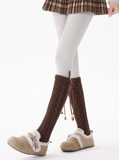 Detail with Bow Socks Knit 5-Color Bead Calf Pointelle