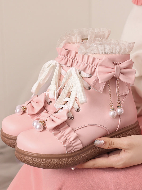 Lace Ruffles Boots Regular/Thicken Pink Cuff Trim Version Lolita - with Top Bow