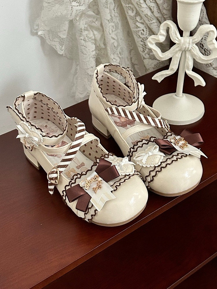 - Beige PU Lolita Mary Accents Sweet Janes Bow Low-heel