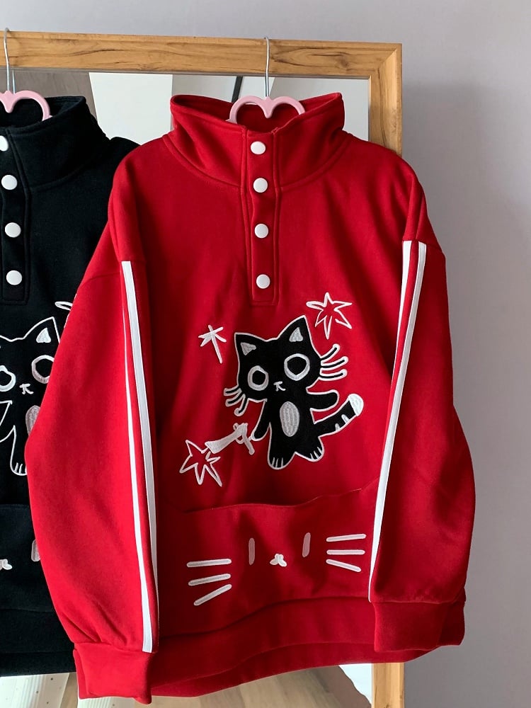 / Fleece-lined Front Adorable Partial Black with Embroidery Cat Sweatshirt Red Snap