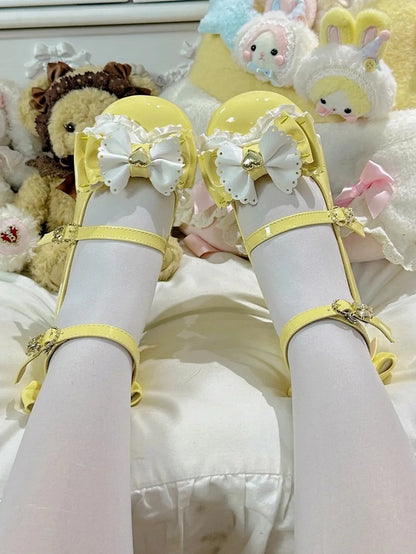 Sweet Mary Lolita Decor Bows Heel with Yellow Mid-heel Janes Bear