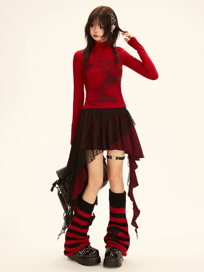 Red - Long Neck Top Design Sleeves Mock Kitten Letter Print Y2K